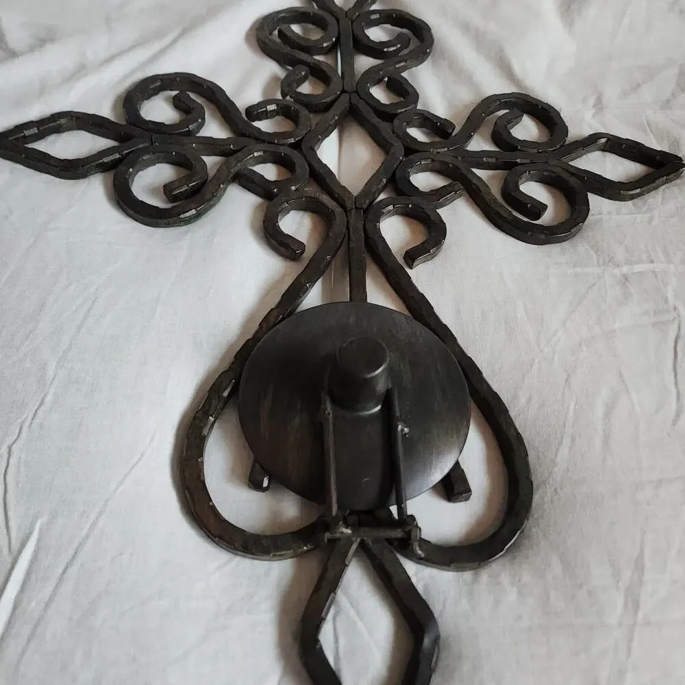 Heavy Hammered Metal Cross with Folding Candle Holder, incl. Red Glass Vase